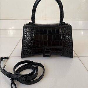 Balenciaga Black Croc-Embossed Small Top Handle Bag